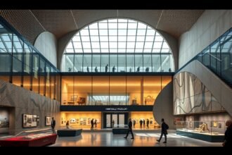 A Marseille Történeti Múzeuma modern belső tere, látogatókkal.