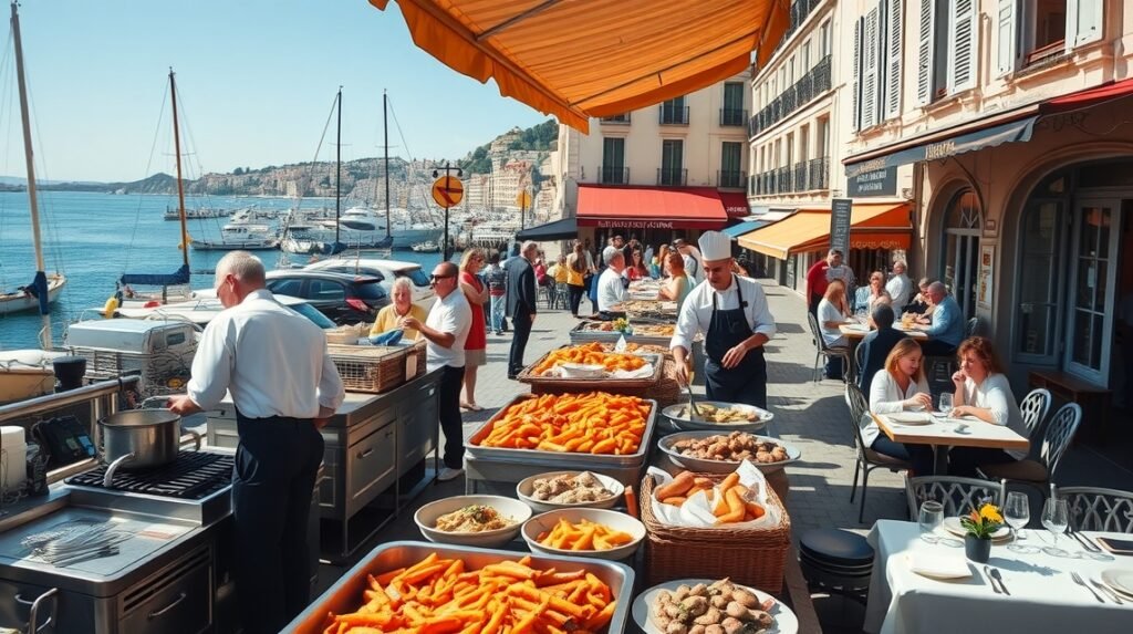 Francia tenger gyümölcsei és bouillabaisse éttermek Marseille kikötőjében.