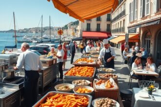 Francia tenger gyümölcsei és bouillabaisse éttermek Marseille kikötőjében.