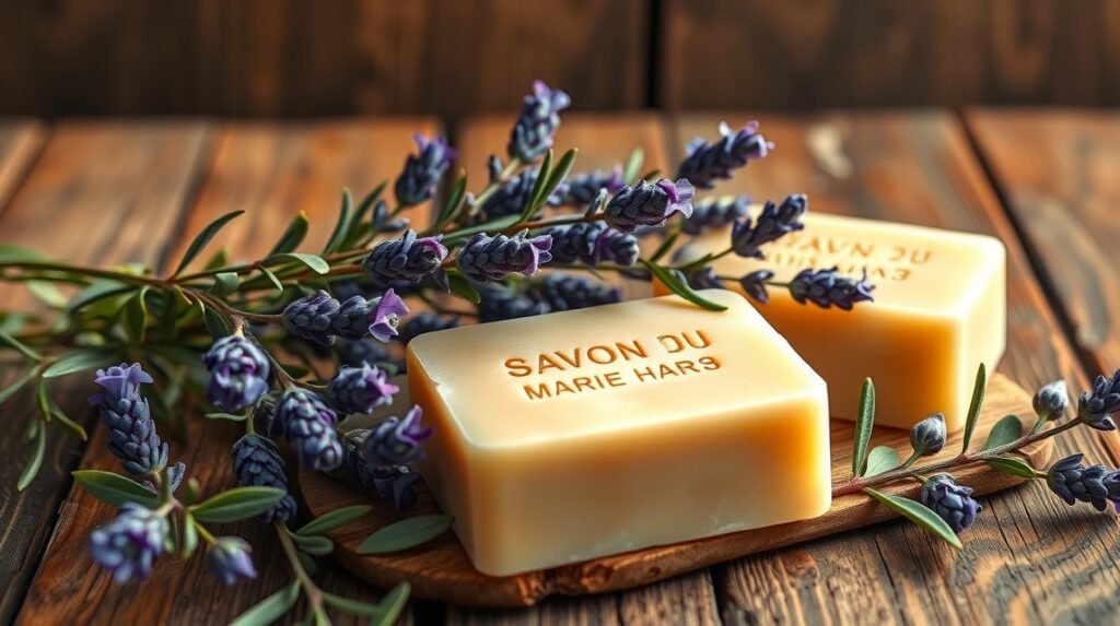 Eredeti Savon de Marseille szappan levendulával, fa tányéron