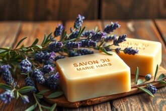 Eredeti Savon de Marseille szappan levendulával, fa tányéron