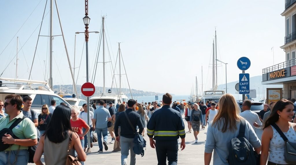 Népszerű kikötővárosi sétány Marseille-ben, turisták tömegével