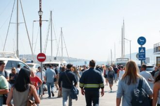 Népszerű kikötővárosi sétány Marseille-ben, turisták tömegével