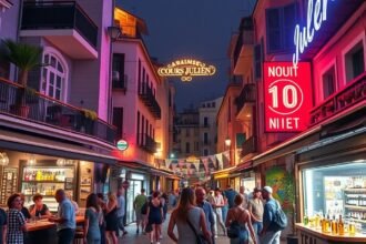Cours Julien éjszakai jelenet, élénk bárok és emberek Marseille-ben.