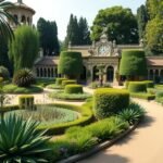Montpellier botanikus kert, Jardin des plantes, zöld növények és épület.