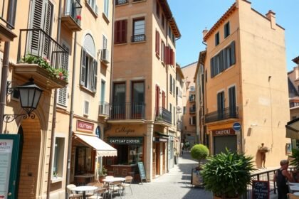 Montpellier Écusson sikátora, kávézókkal és boltokkal.