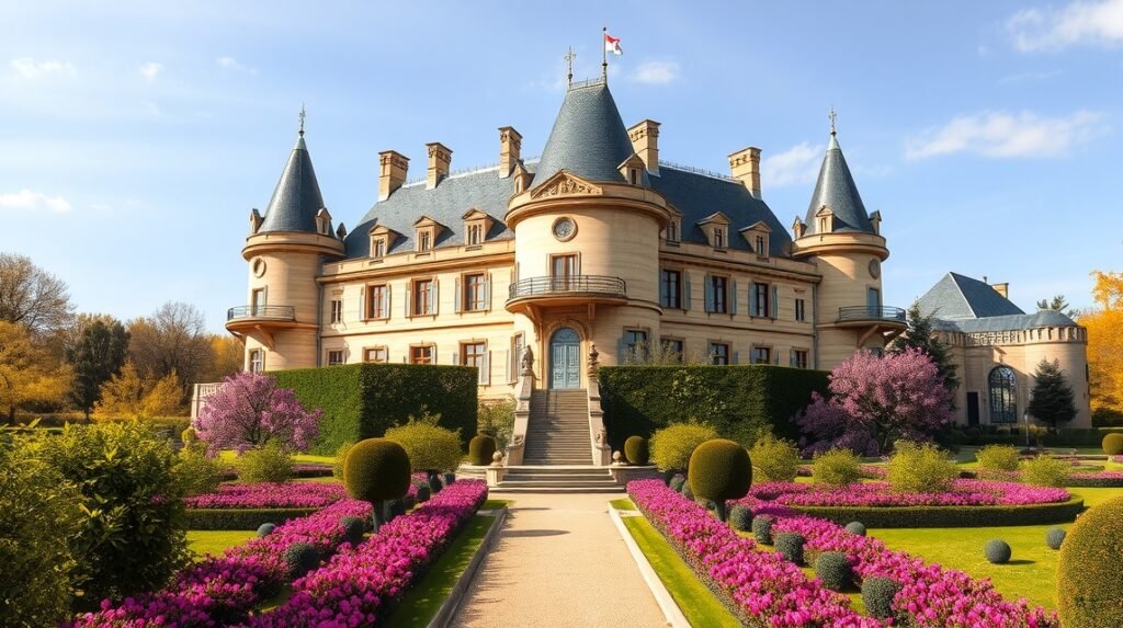 Château de Flaugergues barokk épülete és virágos kertjei Montpellierben