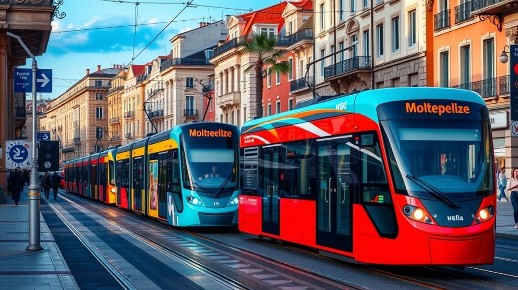 Montpellier dizájnos villamosok a városközpontban