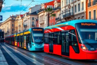 Montpellier dizájnos villamosok a városközpontban