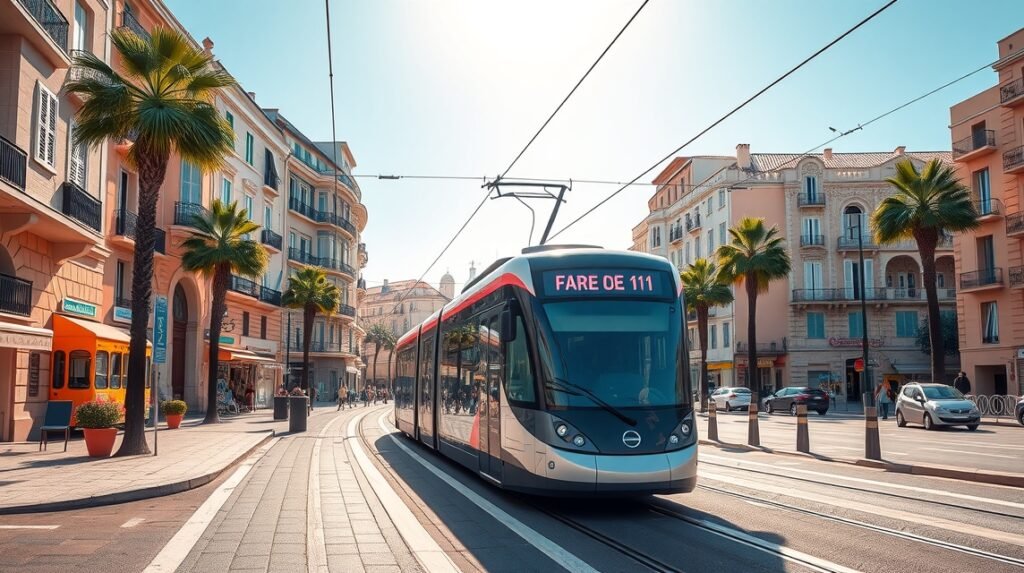 Villamos Montpellierben napfény alatt, pálmákkal övezve