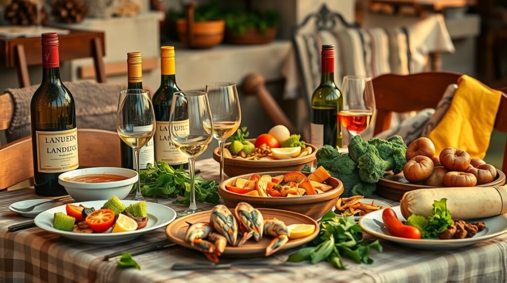 Languedoc borok és helyi ételek Montpellierben, friss tenger gyümölcseivel.