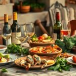 Languedoc borok és helyi ételek Montpellierben, friss tenger gyümölcseivel.