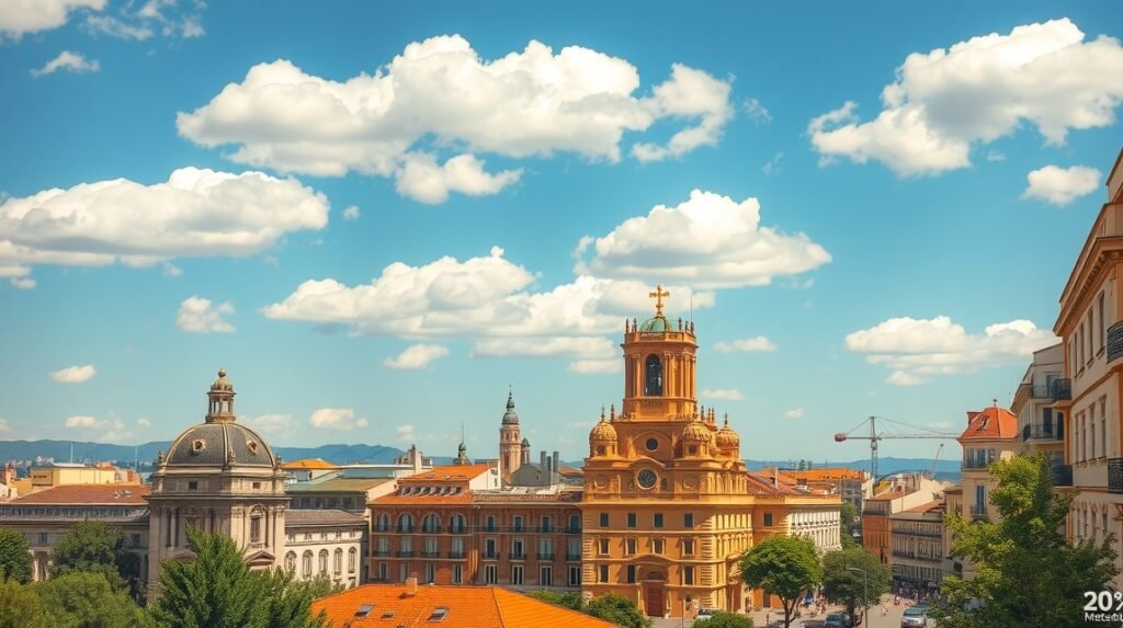 Montpellier város látképe napfényes időben, gyönyörű épületekkel.