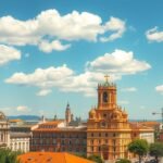 Montpellier város látképe napfényes időben, gyönyörű épületekkel.