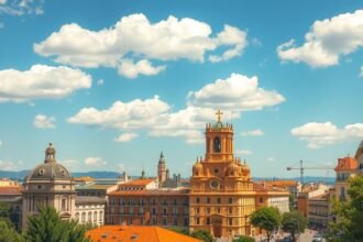 Montpellier város látképe napfényes időben, gyönyörű épületekkel.