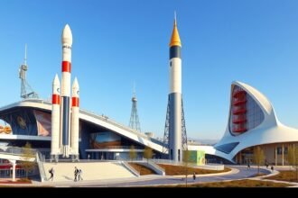 Cité de l'Espace belső udvara rakétákkal és innovatív épületekkel