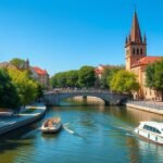 A Canal du Midi környéke Toulouse-ban, hajókkal és zöld fákkal.