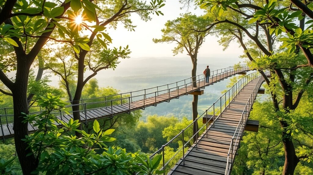 Lombkorona sétány a fák között, csodás panorámával