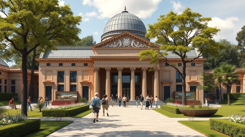 A Muséum de Toulouse épülete parkjában látogatókkal