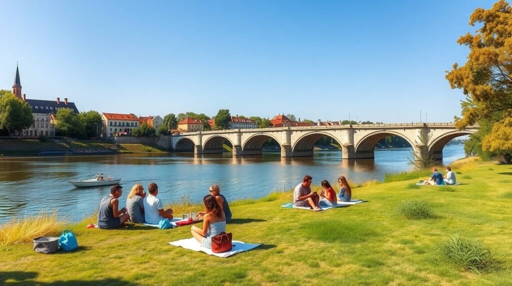 Piknik a Garonne folyó partján, Toulouse városában, friss levegőn.