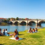 Piknik a Garonne folyó partján, Toulouse városában, friss levegőn.