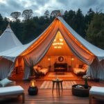 Luxus glamping sátor erdőszélen, kényelmes bútorokkal és világítással.