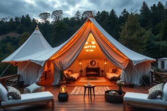 Luxus glamping sátor erdőszélen, kényelmes bútorokkal és világítással.