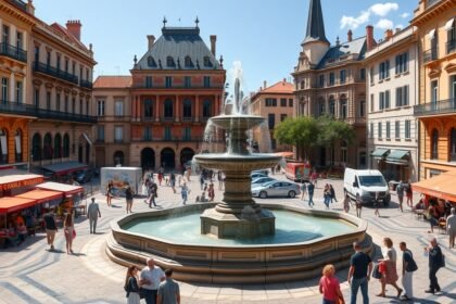 A Wilson tér szökőkútja Toulouse-ban, emberekkel és kávézókkal körülvéve.