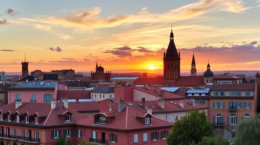 Naplemente Toulouse városának rózsaszín épületei felett