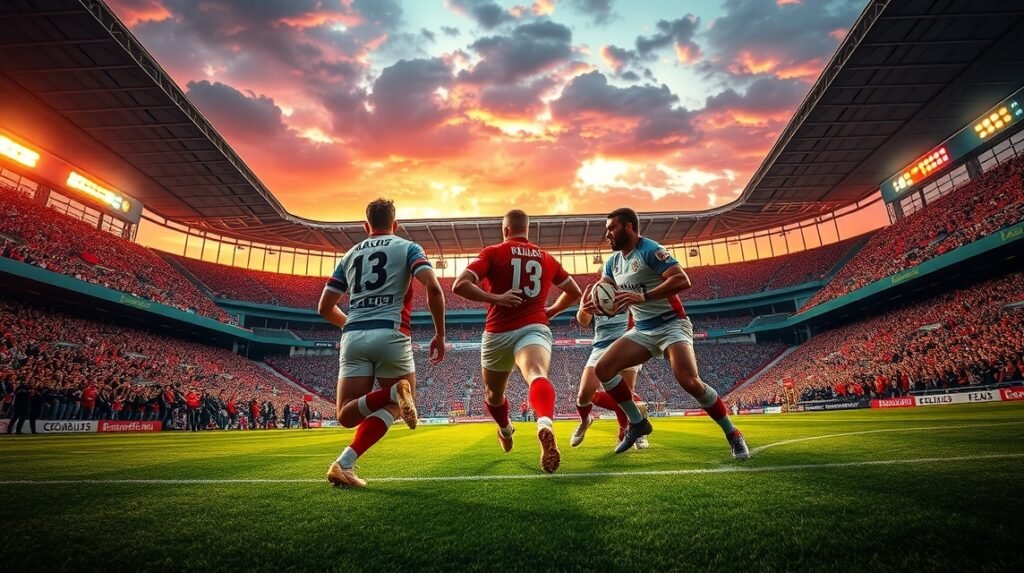 Rögbi játékosok akcióban a Stade Toulousain stadionjában.