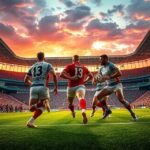 Rögbi játékosok akcióban a Stade Toulousain stadionjában.