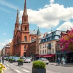 Toulouse város főutcája virágokkal és történelmi épületekkel