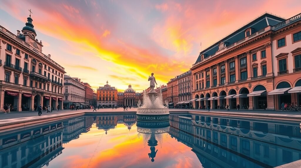 A Place de la Bourse és a víztükör Bordeaux-ban naplementében.