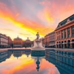 A Place de la Bourse és a víztükör Bordeaux-ban naplementében.