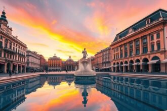 A Place de la Bourse és a víztükör Bordeaux-ban naplementében.