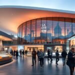 A La Cité du Vin interaktív bor múzeuma Bordeaux-ban, látogatók élvezik a kiállítást.