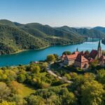 Panoráma egy csendes magyar tájról, hegyekkel és vízzel.