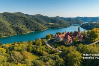 Panoráma egy csendes magyar tájról, hegyekkel és vízzel.