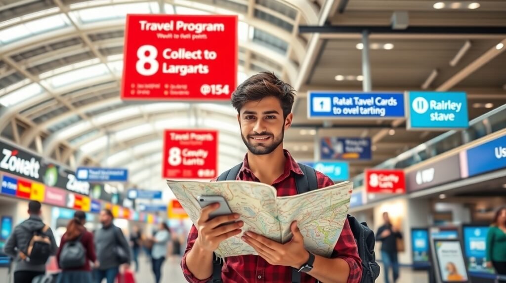 Fiatal férfi térképet néz egy repülőtéren, utazási programok tábláival.