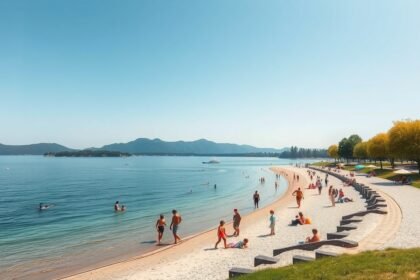 Ingyenes strand a Balaton partján, napozó emberekkel és gyönyörű tájjal.