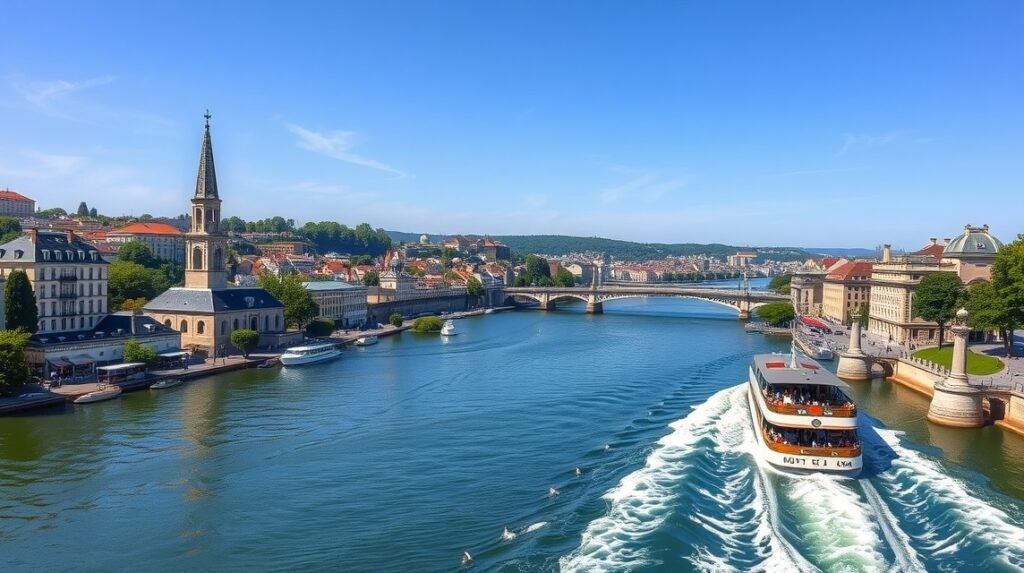 Hajókirándulás a Garonne folyón Bordeaux városában és a partvonal épületei.