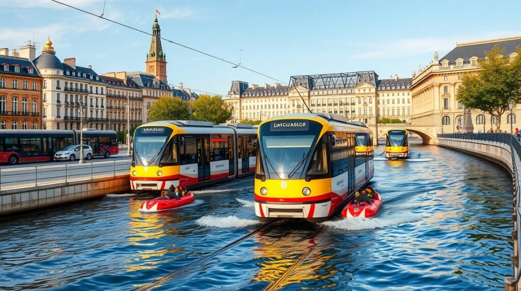 Villamosok és BatCub vízitaxik Bordeaux városában