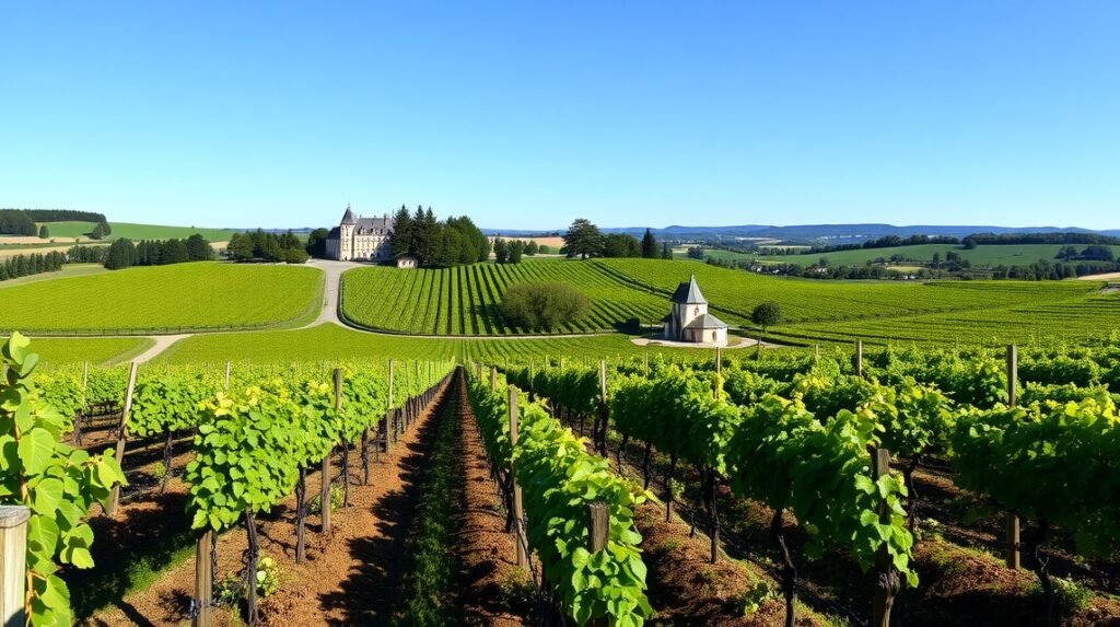 Szőlőbirtok Saint-Émilionban, zöld dombokkal és pincével