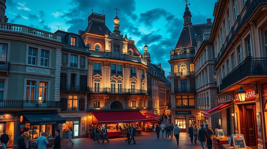 Bordeaux Saint-Pierre negyed éjszakai hangulat macskakövekkel.