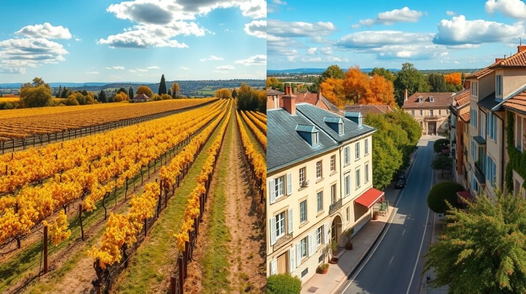 Szőlőültetvények és Bordeaux városának utcái ősszel.