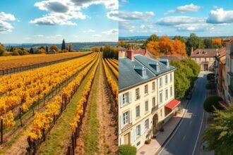 Szőlőültetvények és Bordeaux városának utcái ősszel.