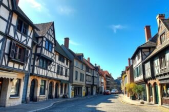 Cité Plantagenêt macskaköves utca középkori házakkal