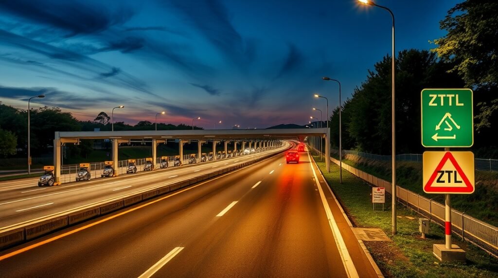 Olaszországi autópálya zöld és piros ZTL jelzéssel