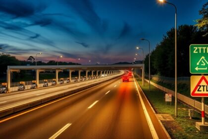 Olaszországi autópálya zöld és piros ZTL jelzéssel