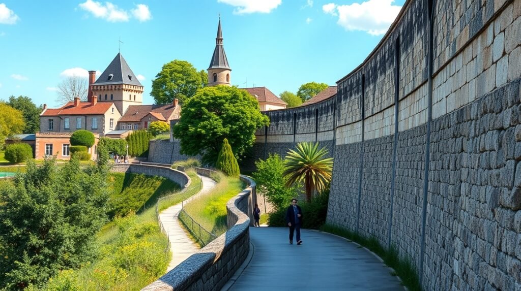 Séta a Le Mans-i római városfal mentén zöldellő fákkal és épületekkel